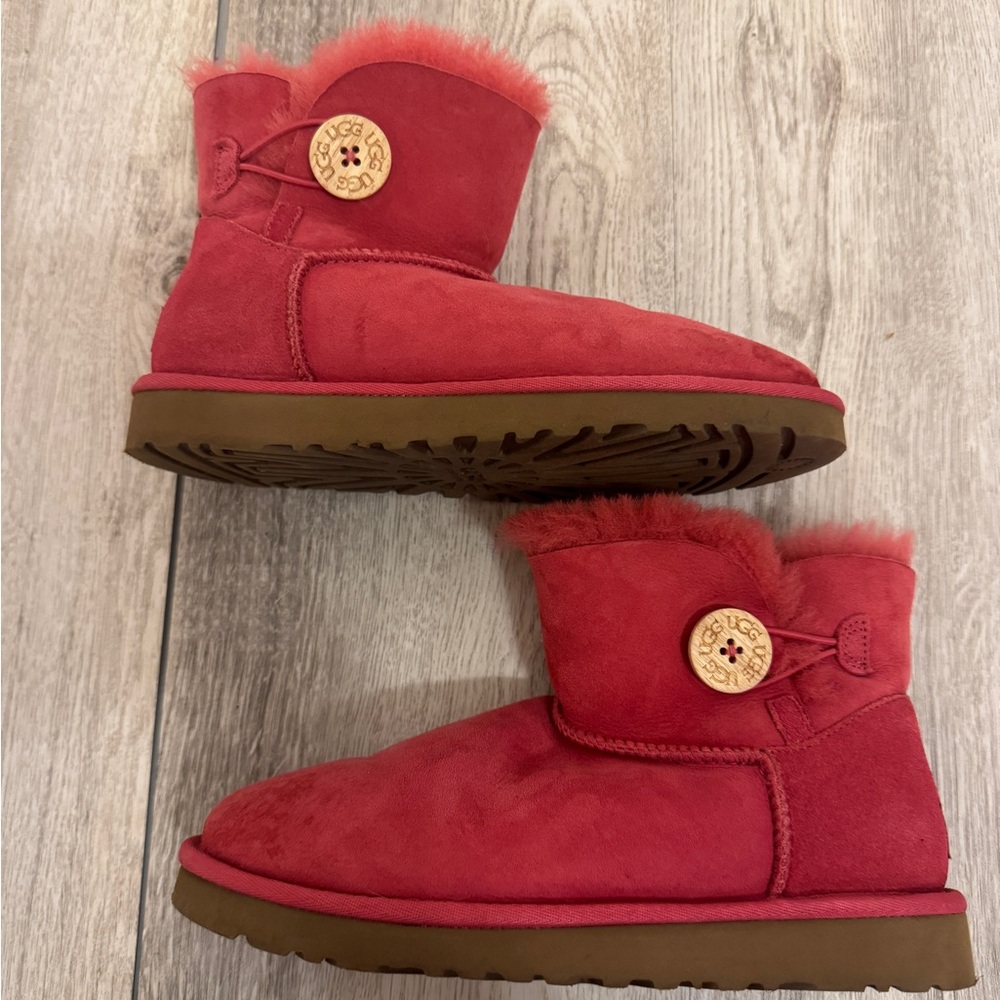 UGG Red Pink Suede Boots with Button Detail